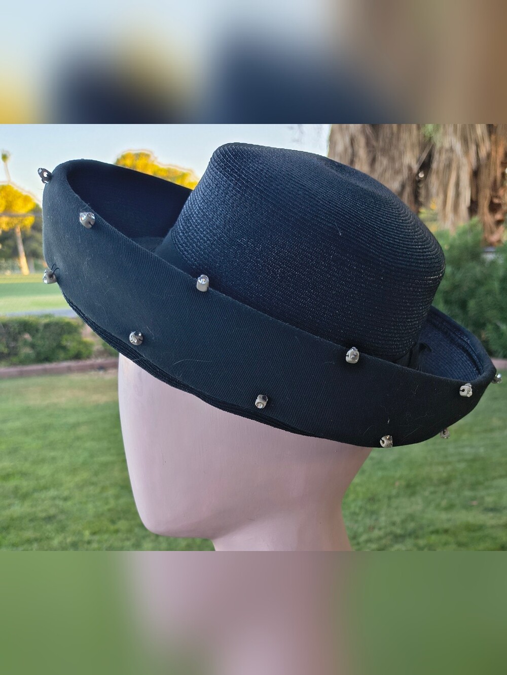 Glene Doris Black and White Straw Hat, Rhinestone Studded Beads.  Custom Hat Pin